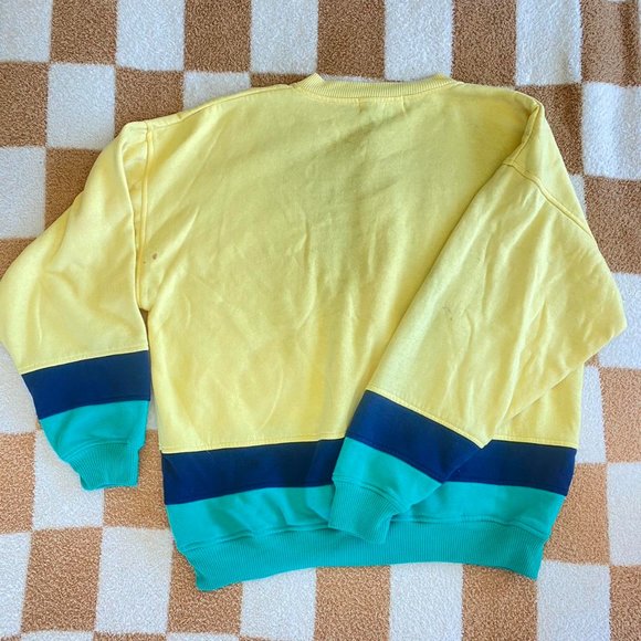 EXPRESSIONS RETRO CREWNECK BUTTON UP SWEATER YELLOW BLUE GREEN - Picture 6 of 7